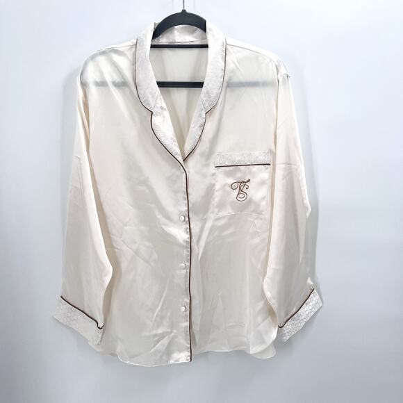 VTG Victoria's Secret Gold Label Cream Button Down Satin Pajama Top VS Logo XL - Picture 1 of 5